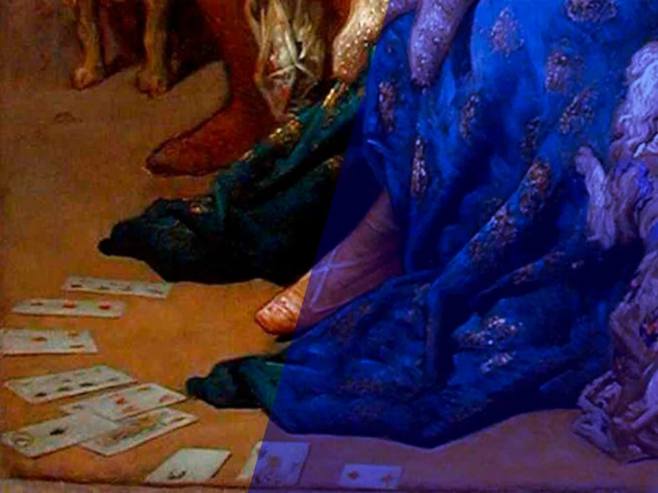 Zoom d'une peinture de Gustave Doré intitulé Les saltimbanques et montrant des cartes à jouer