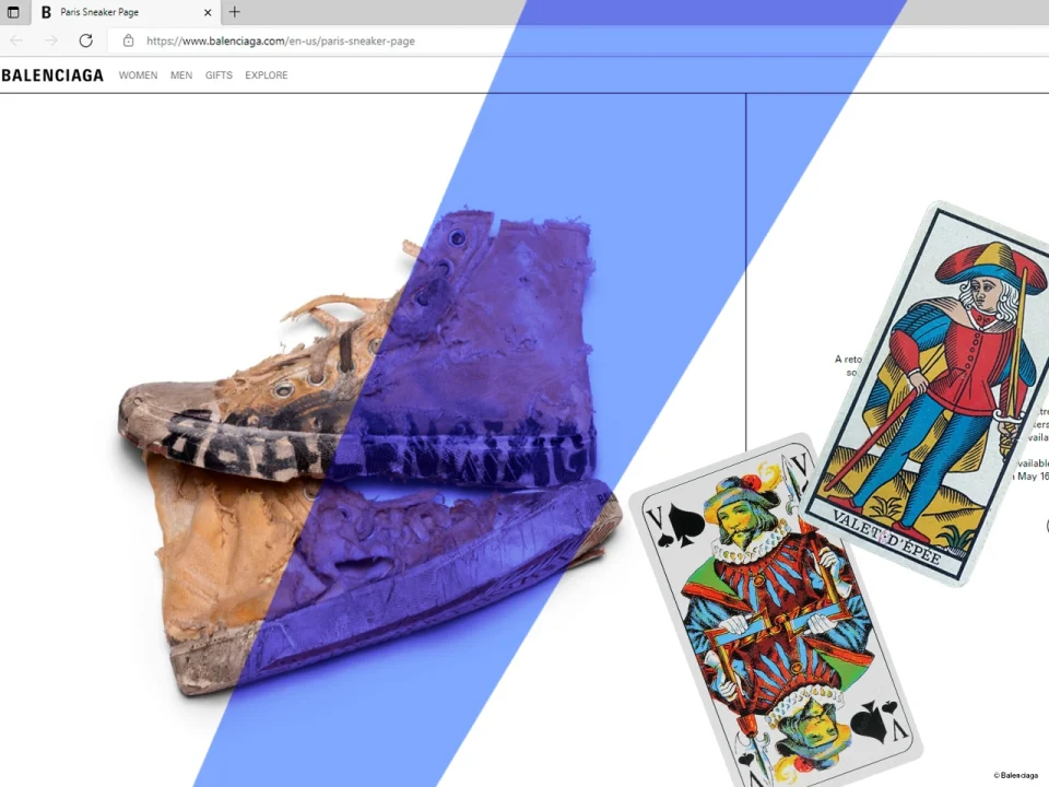 Montage avec une capture-écran du site Balenciaga et cartes du Valet de Pique