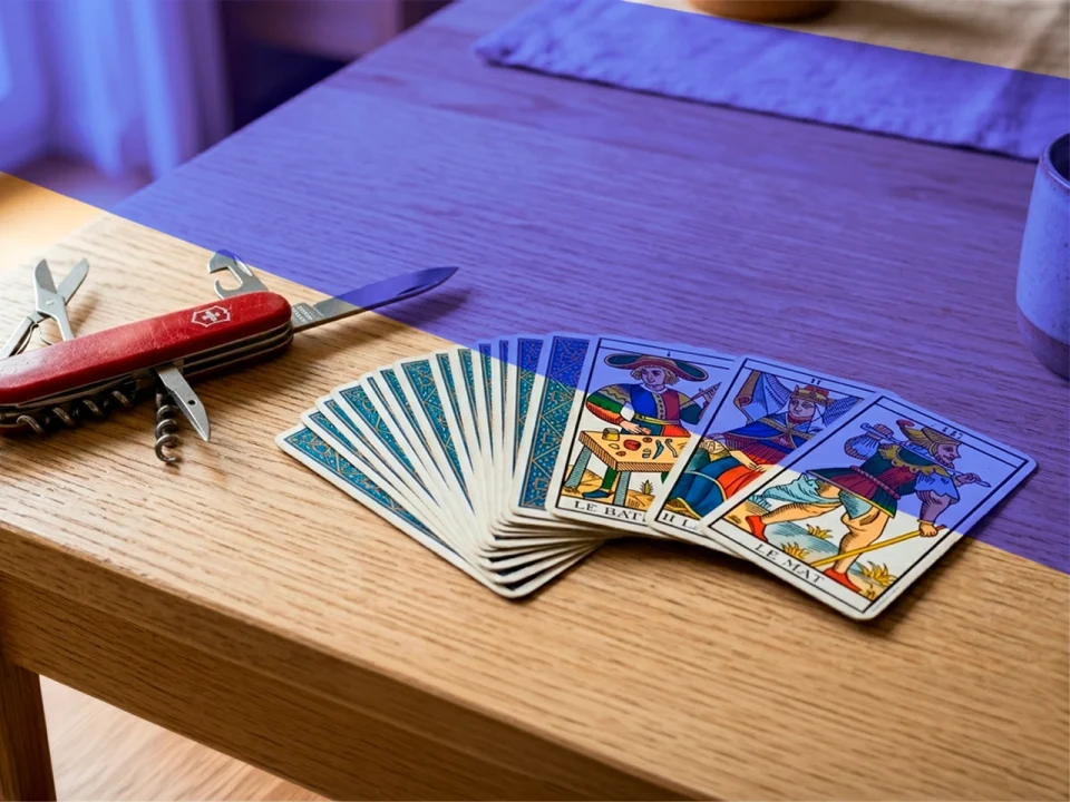 Photo d'une table avec un couteau-suisse et un jeu de tarot étalé
